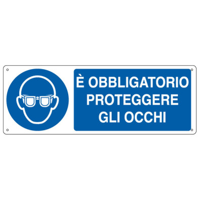 Cartello segnalatore - 35x12,5 cm - E  OBBLIGATORIO PROTEGGERE GLI OCCHI - alluminio - Cartelli Segnalatori