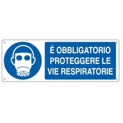 Cartello segnalatore - 35x12,5 cm - E  OBBLIGATORIO PROTEGGERE LE VIE RESPIRATORIE - alluminio - Cartelli Segnalatori