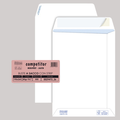 Busta a sacco Competitor FSC - strip adesivo - 19 x 26 cm - 80 gr - bianco - Pigna Envelopes - conf. 500 pezzi