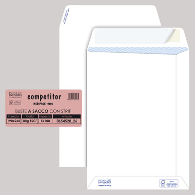 Busta a sacco Competitor FSC - strip adesivo - 19 x 26 cm - 80 gr - bianco - Pigna Envelopes - conf. 100 pezzi