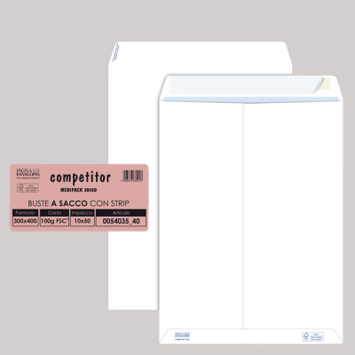 Busta a sacco Competitor FSC - strip adesivo - 30 x 40 cm - 80 gr - bianco - Pigna Envelopes - conf. 50 pezzi