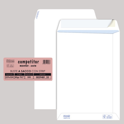 Busta a sacco Competitor FSC - strip adesivo - 23 x 33 cm - 80 gr - bianco - Pigna Envelopes - conf. 500 pezzi