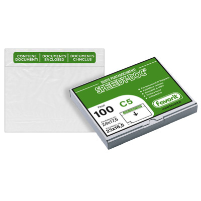 Busta adesiva Speedy Doc - con stampa  contiene documenti  - C5 (23 x 16,5 cm) - PPL-PE - trasparente - Favorit - conf. 100 pezz