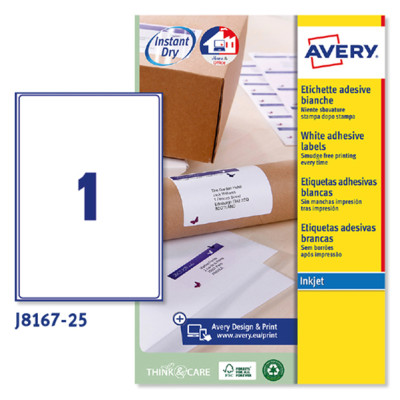 Etichette adesive J8167 - in carta - angoli arrotondati - inkjet - permanenti - 199,6 x 289,1 mm - 1 et-fg - 25 fogli - bianco -