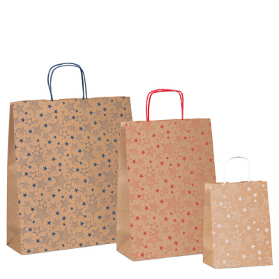 Shopper natale - 16 x 8 x 21 cm - carta kraft - fantasia stelline - colori assortiti - Rex Sadoch