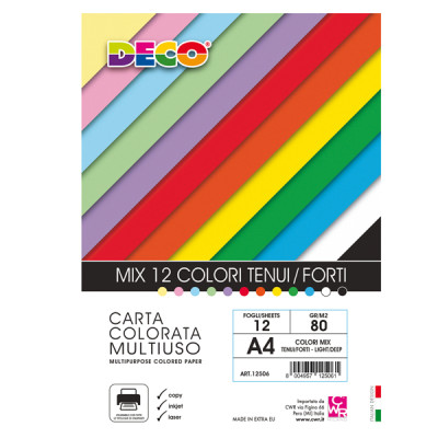 Busta carta Deco - A4 - 80 gr - colori assortiti - 12 fogli - DECO