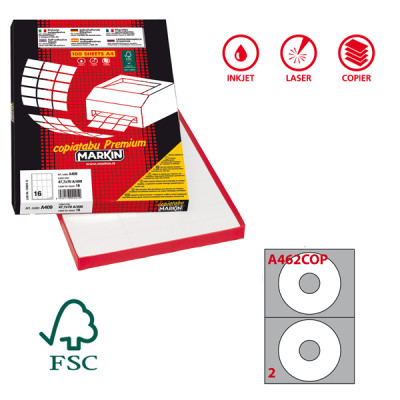 ETICHETTE ADESIVE A-462 - IN CARTA - PERMANENTI - DIAMETRO CD 117,5 MM - FORO 41 MM - 2 ET-FG - 100 FOGLI - BIANCO COPRENTE - MA