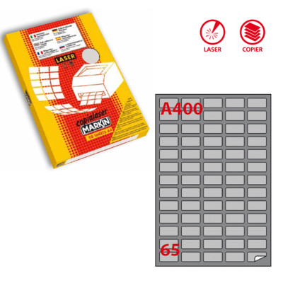 Etichette adesive A-400 - in carta - angoli arrotondati - laser - permanenti - 38,1 x 21,2 mm - 65 et-fg - 100 fogli - argento -