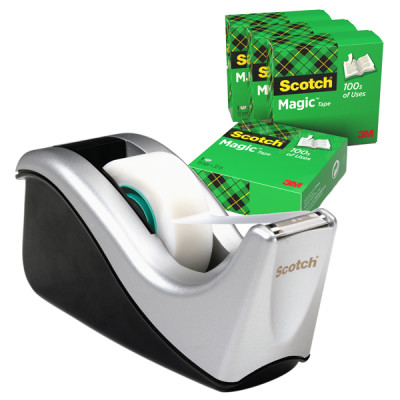 Dispenser C60 per nastri 1,9 cm - 4 rotoli Scotch Magic 810 1,9 cm x 33 m inclusi - nero-argento - Scotch