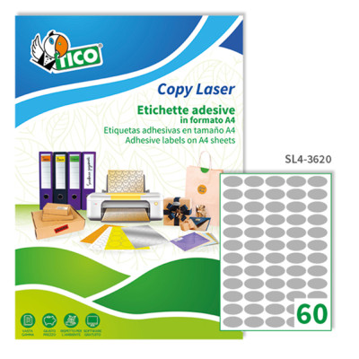 Etichette adesive ovali SL4 - in carta - permanenti - 36 x 20 mm - 60 et-fg - 100 fogli - argento satinato - Tico