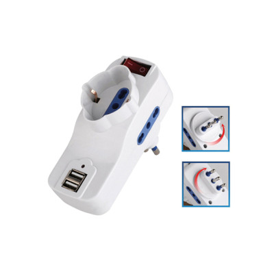Adattatore rotante con interruttore - 2 prese bipasso 2P+T 10-16A + 1 presa Schuko + 2 prese USB - MKC