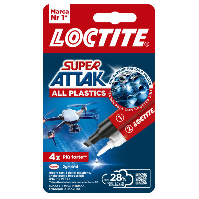 Colla Super Attak - adesivo liquido e attivatore in penna - adatto per tutti i tipi di plastica - 2 gr + 4 ml - trasparente - Lo