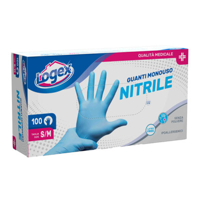 Guanti in nitrile non talcato - per uso medicale - taglia S-M - azzurro - Logex Professional - scatola 100 pezzi