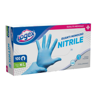Guanti in nitrile non talcato - per uso medicale - taglia M-L - azzurro - Logex Professional - scatola 100 pezzi