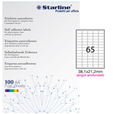 Etichette adesive - in carta - angoli arrotondati - permanenti - 38,1 x 21,2 mm - 65 et-fg - 100 fogli - bianco - Starline