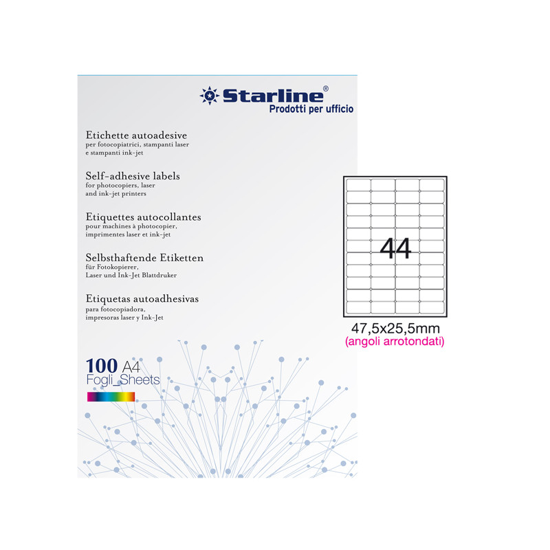 Etichette adesive - in carta - angoli arrotondati - permanenti - 47,5 x 25,5 mm - 44 et-fg - 100 fogli - bianco - Starline