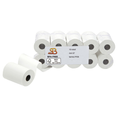 Rotolo per POS e carte di credito - 57 mm x 20 m - diametro esterno 40 mm - anima 12 mm - 55 gr - carta termica BPA free - Sabac